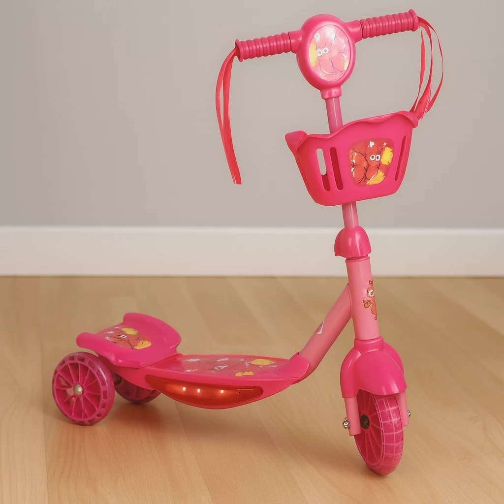 Patinete Infantil 3 Rodas com LED, Música, Cestinha – Regulável | Brinquedo Criança - Rosa