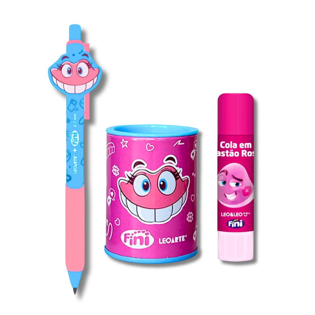 Kit Material Escolar Fini Lapiseira 0.7 Apontador Metal com Depósito + Cola Bastão Escolar Infantil