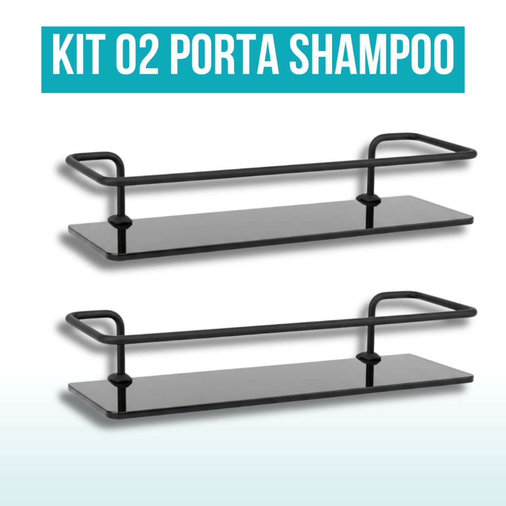 Kit 02 Porta Shampoo Reto Preto Com Vidro Fume 30 Cm Acessório e Prateleira Para Banheiro
