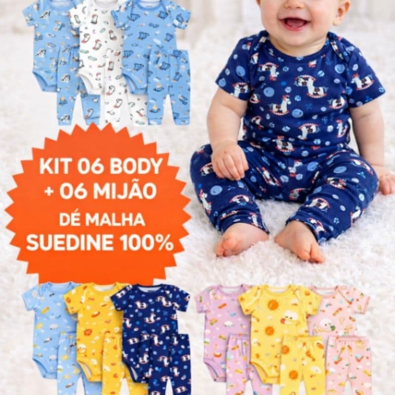 Kit 06 pçs Body Manga Curta e Mijão 100% Algodão Menino ou Menina bebe estampado e liso