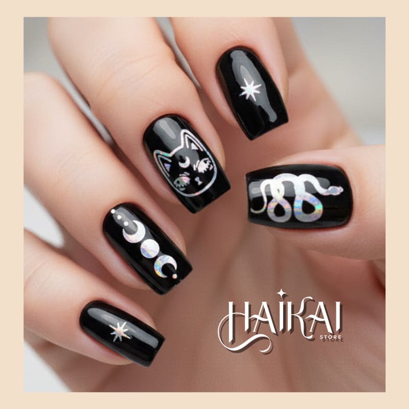 Cartela Adesivos de Unha Prata Gótico Alternativo Y2K Gato Místico Zodiaco Nail Art