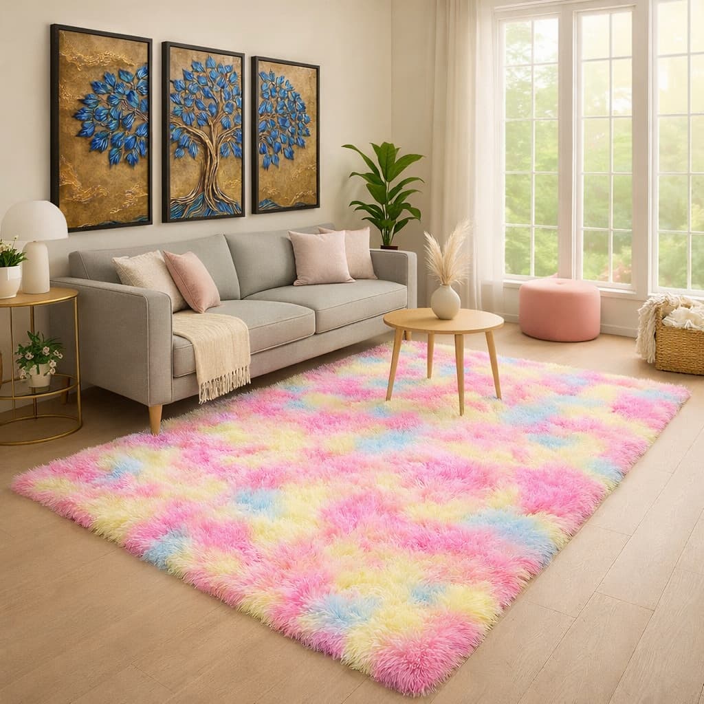 Tapete para Sala Quarto Felpudo Peludo Colorido Tye Dye  Macio Pelo Alto Antiderrapante