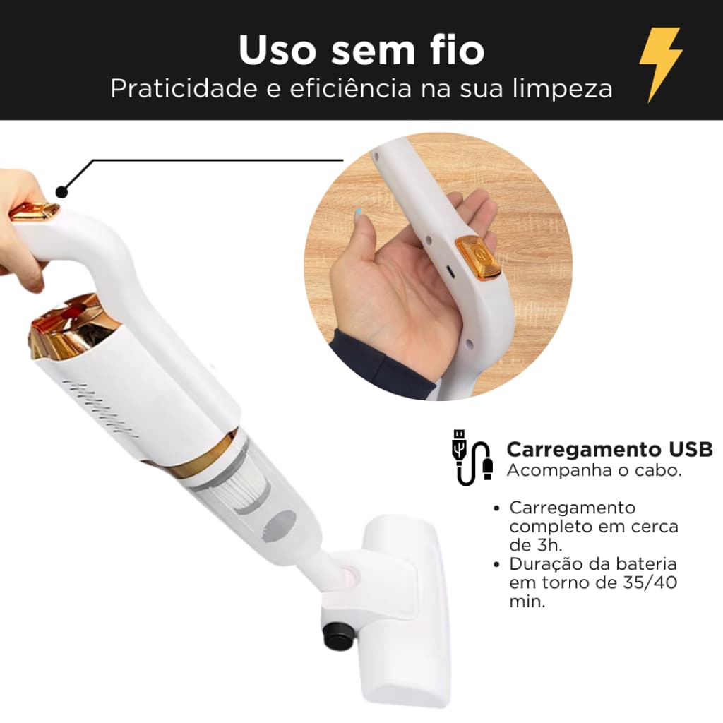 Aspirador de Pó Portátil Sem Fio Recarregável Alta Sucção para Casa Carro e Pelos de Pet - SHEFA