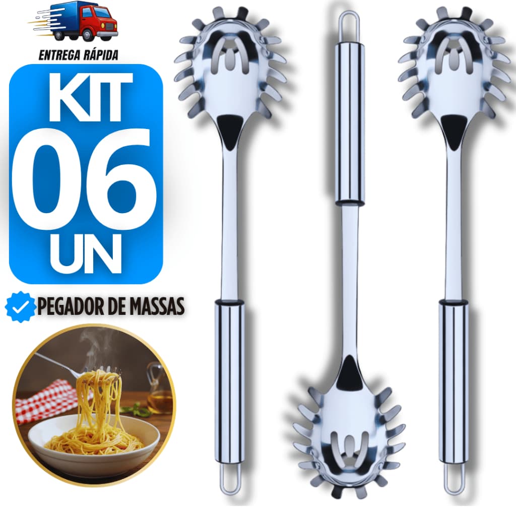 Jogo 6 Pegador de Massa para Macarrão Grande Utensilio de Cozinha de 31,5cm Aço Inox Pegadores
