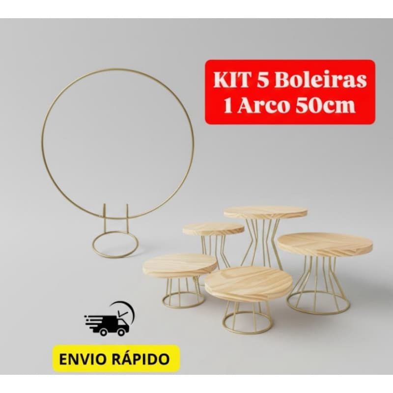 Kit 5 Boleiras + 1 Arco Dourado 50cm | Decoração de Festa, Casamento e Aniversário