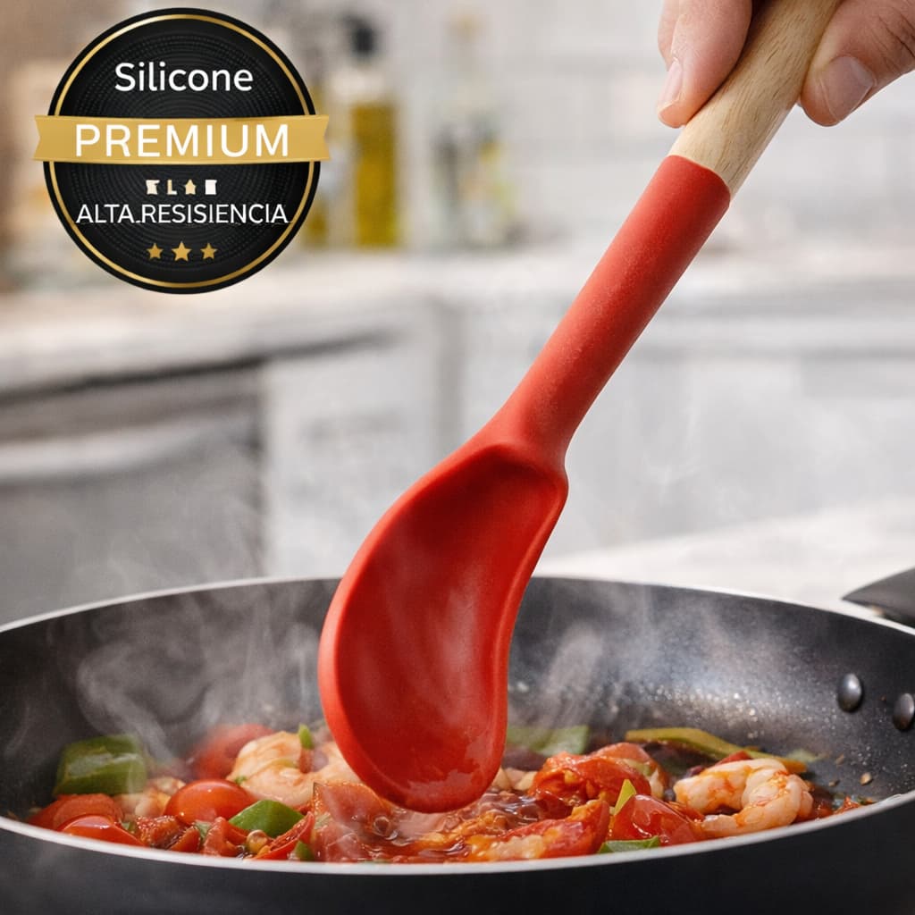 Maison Rouge Collection  (Conjunto Utensilios Silicone Cozinha Vermelho Cabo Madeira 7 Pecas)