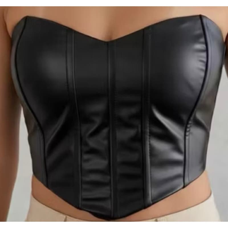Cropped Feminino Tomara que Caia em Couro Sintético