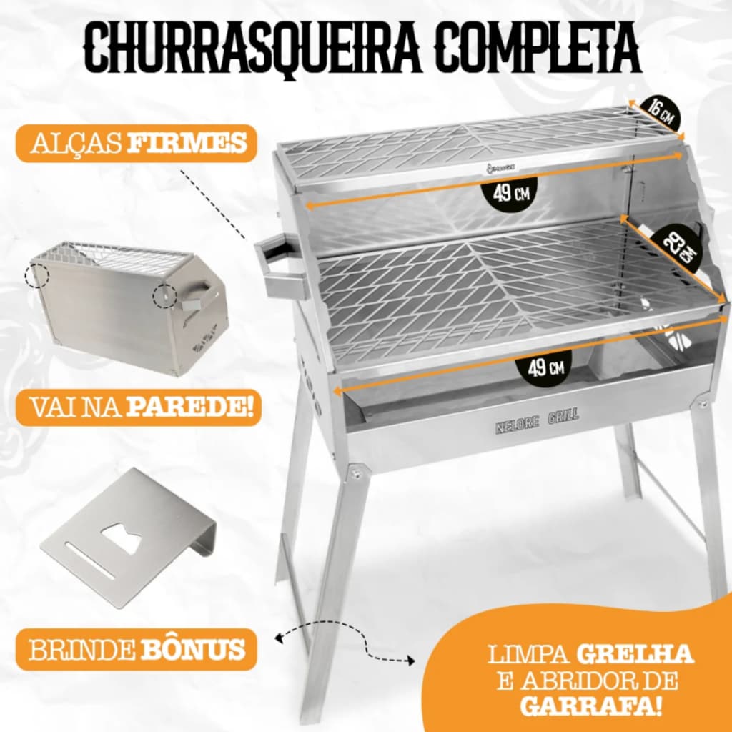 Churrasqueira Inox Portátil NELORE GRILL 50x30 Carvão Desmontável 2 Grelhas Fácil Limpeza Parede ou Chão Compacta Gourme
