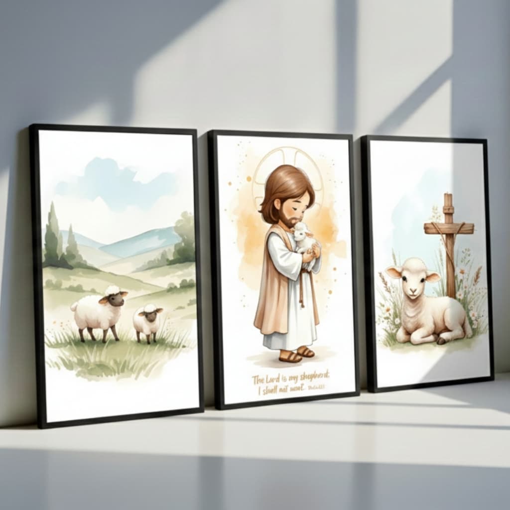 Kit 3 Quadros Decorativos Infantil Jesus e Cordeiros Bom Pastor Religioso Cristã Luxo