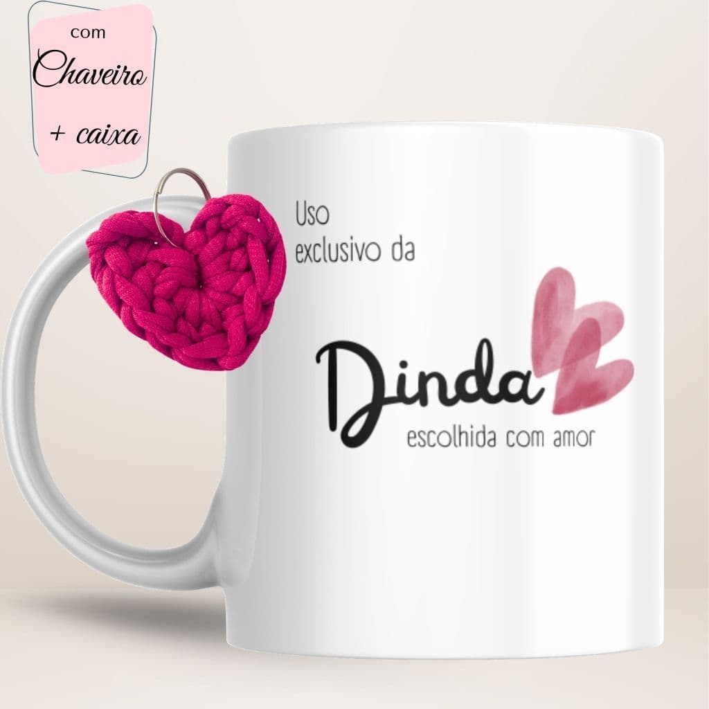 Caneca Personalizada Dinda + chaveiro fio de malha + caixa coração Presente Dinda Porcelana 325ml