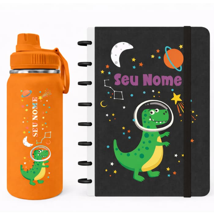 Kit Caderno/Planner de Discos Personalizado A5 e Garrafa Fresh Térmica 350ml  - DINO SPACE k1-002