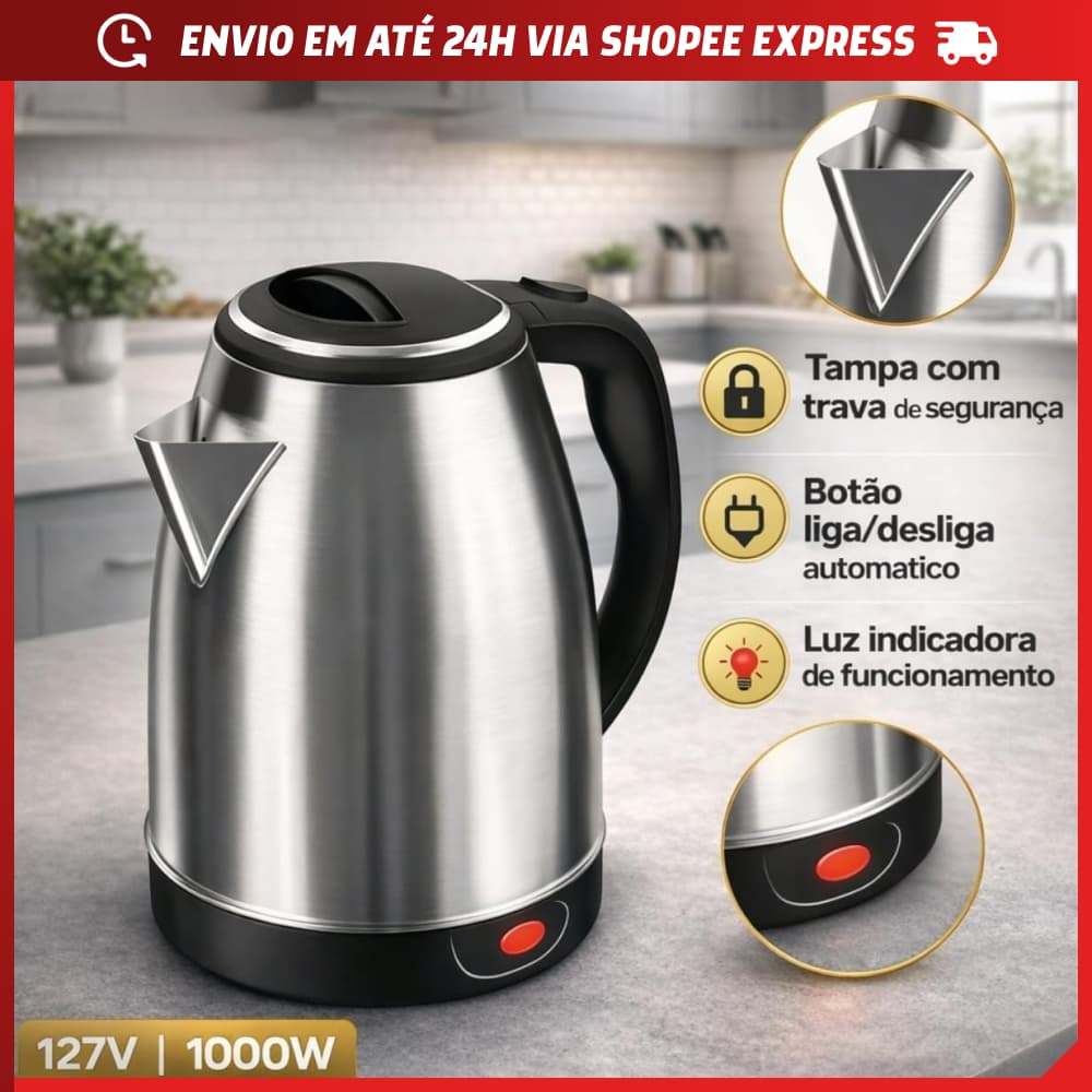 Chaleira Elétrica Térmica Inox 1.8 Litros Com Tampa 127V Reforçada com 30% á Mais de INOX