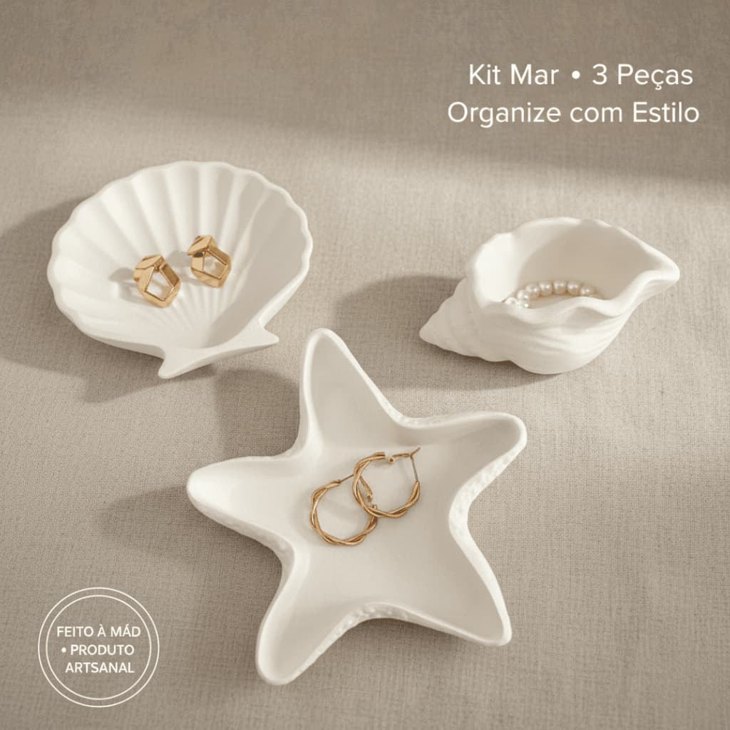 Kit Mar Decorativo de Concreto — Porta-Joias Concha, Estrela e Caramujo
