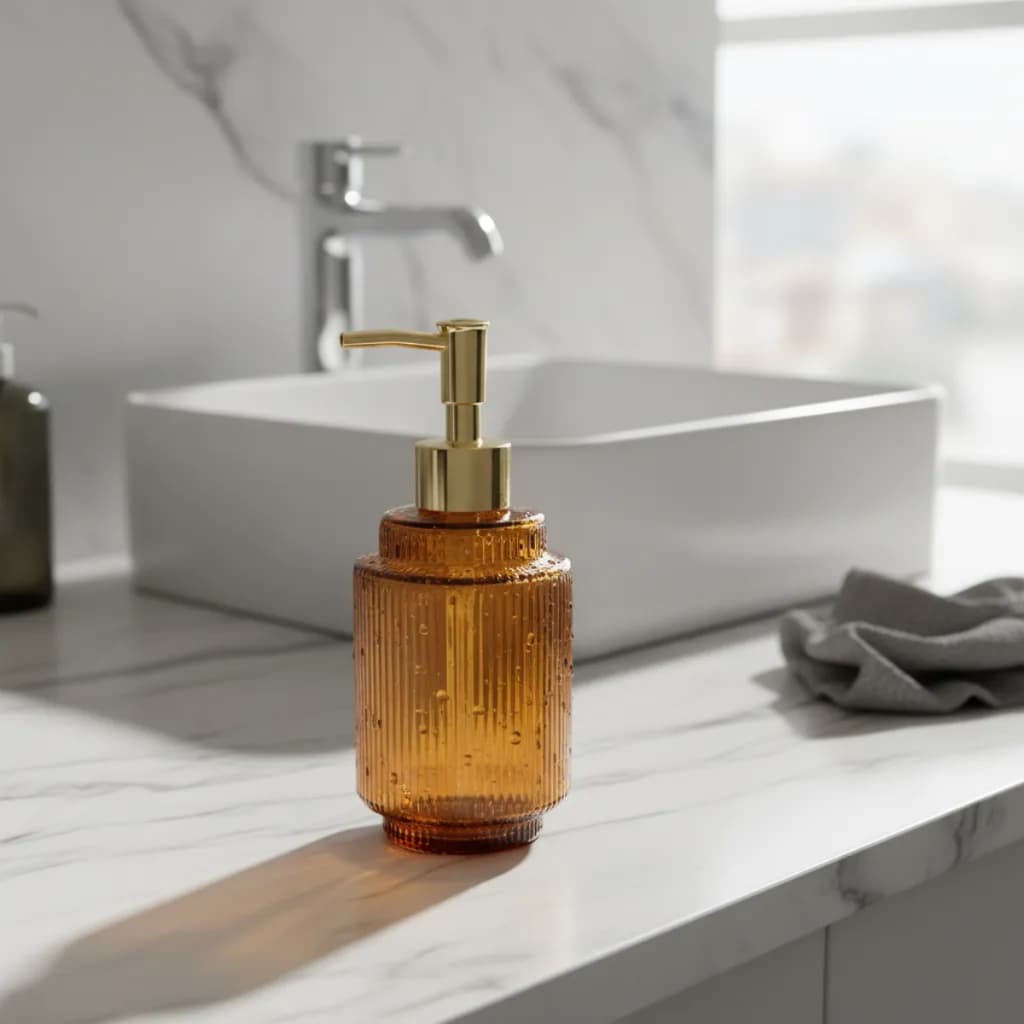 Porta Sabonete Líquido 350ml Luxo Lavabo Banheiro Decoração Cinza Ambar Elegante