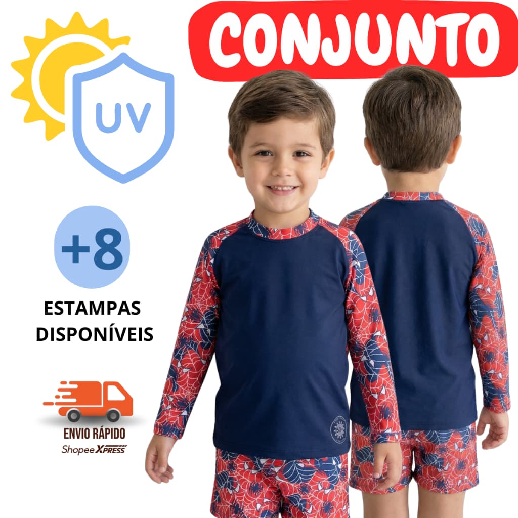 CONJUNTO INFANTIL HERÓIS CAMISA UV +SUNGA BOXER PRAIA/PISCINA PROTEÇÃO UV 50+ 1 AO 10 ANOS