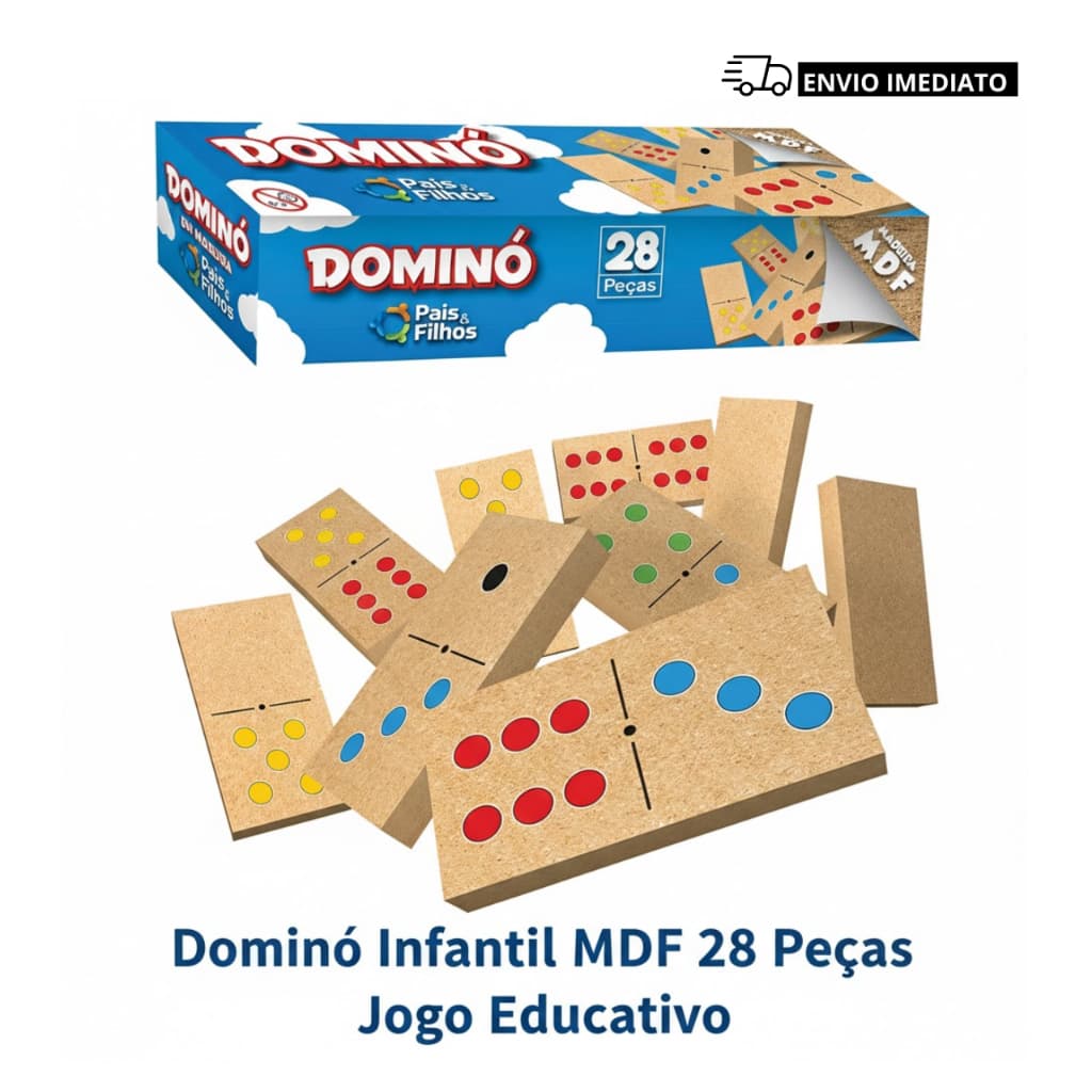 Dominó Infantil MDF 28 Peças Pais & Filhos Jogo Educativo Madeira Coordenação Motora