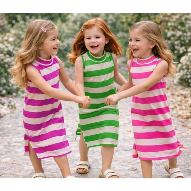 Vestido Infantil Feminino  Gola Alta listrado  Midi