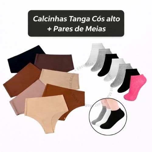 Kit 5 Calcinhas Cos Alto 5 Cm + 6 Pares de Meias
