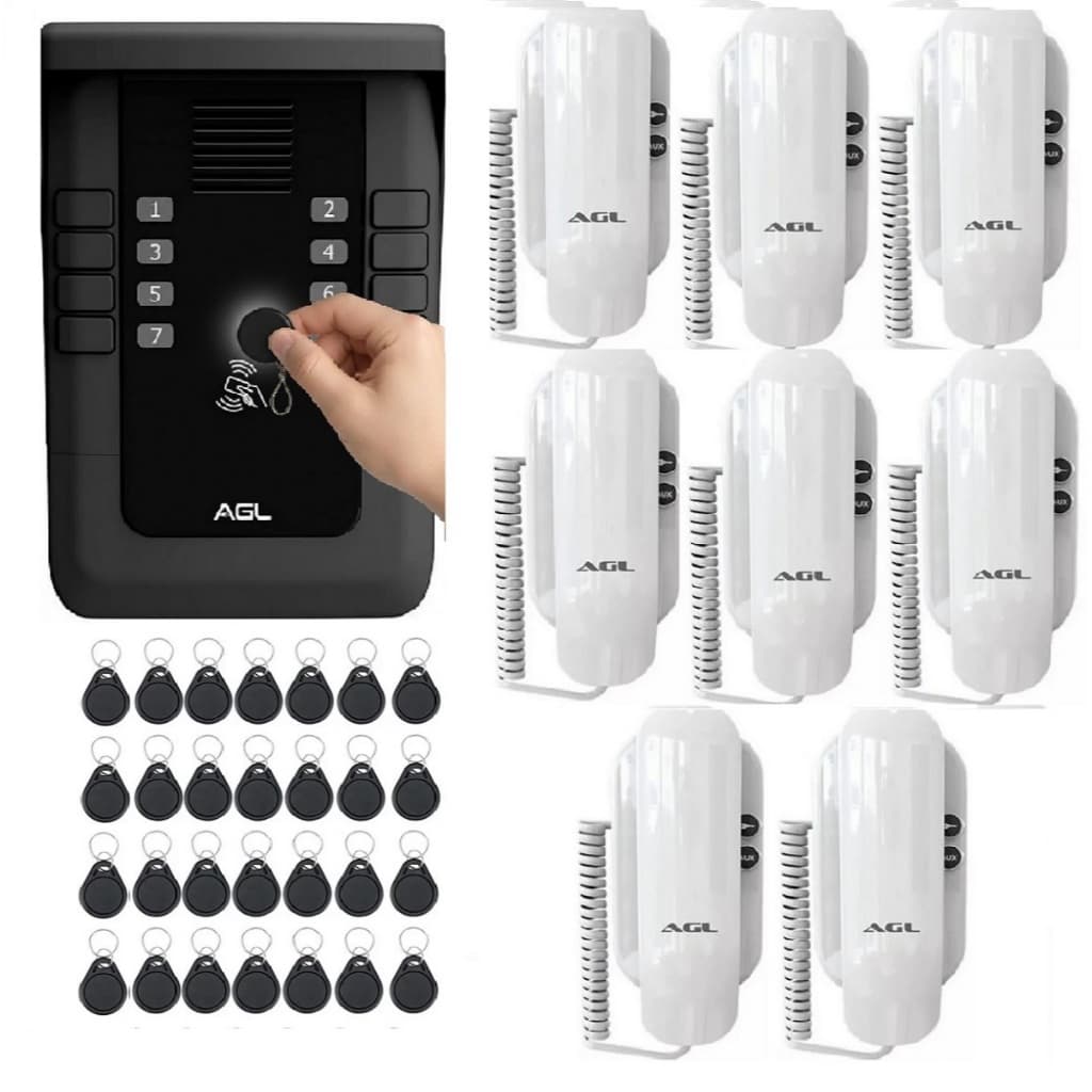 Kit porteiro coletivo S500 8 pontos com 8 interfones S100 e 16 Tags