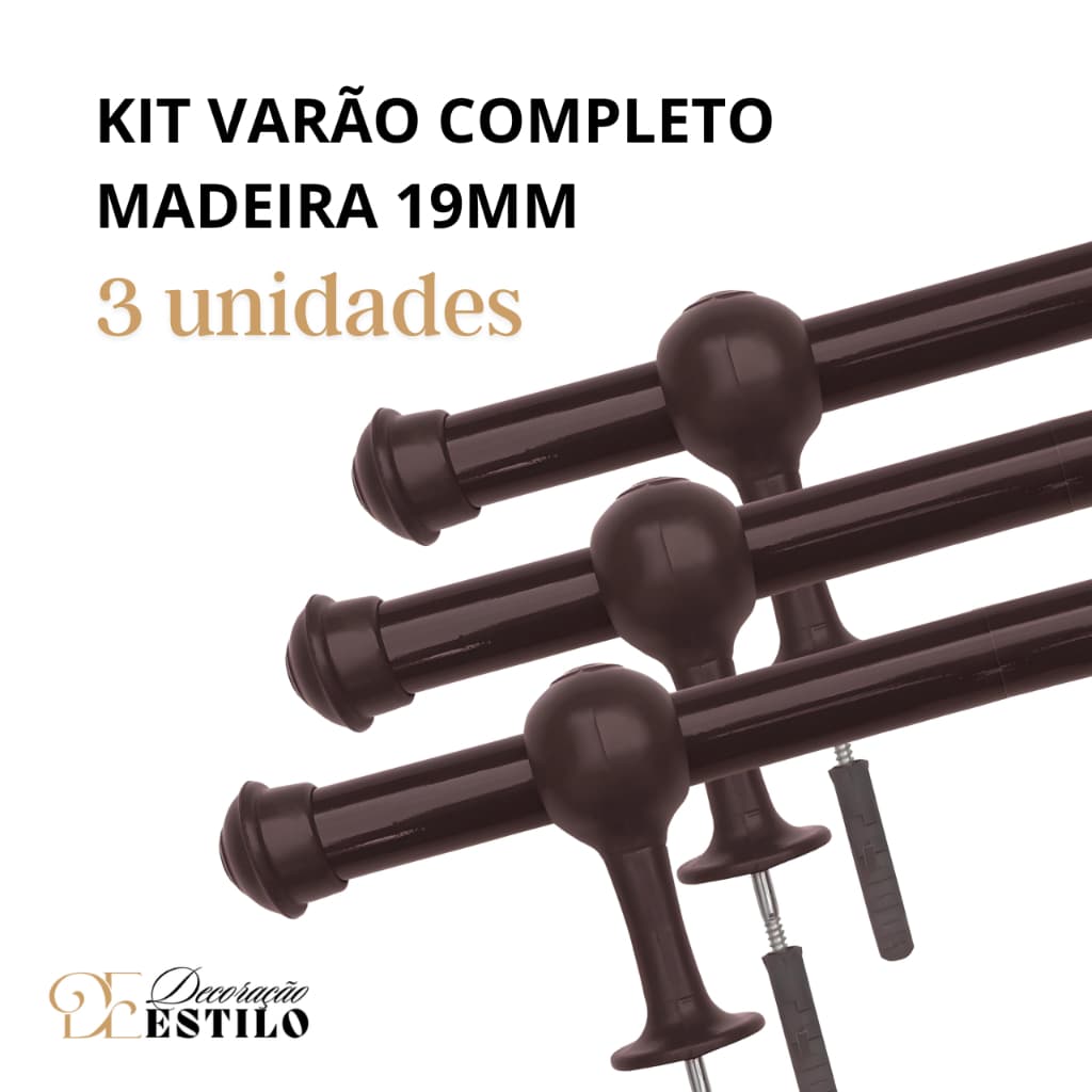 Kit Varão de Cortina em Madeira 2,40m por 19mm Kit Com 3 Unidades.