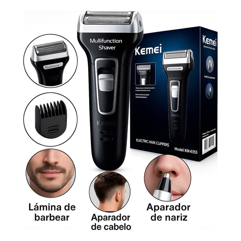Maquina De Barbear 3 Em 1 Depilador Elétrico Sem Fio Kemei Preto 127/220v