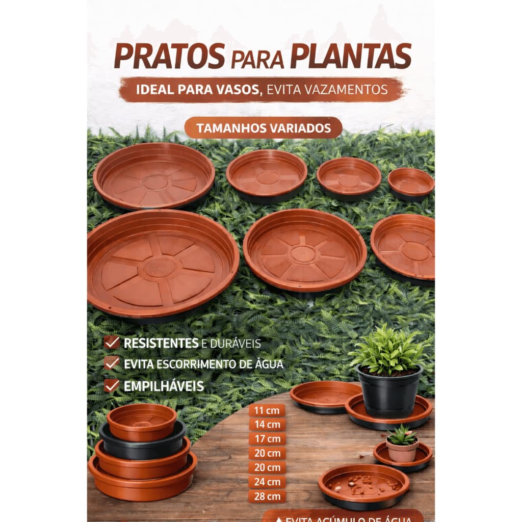 KIT 3 Pratos para Vasos Pequeno e Grande – 11cm até 28cm | Preto e Telha | Ideal para Jardim