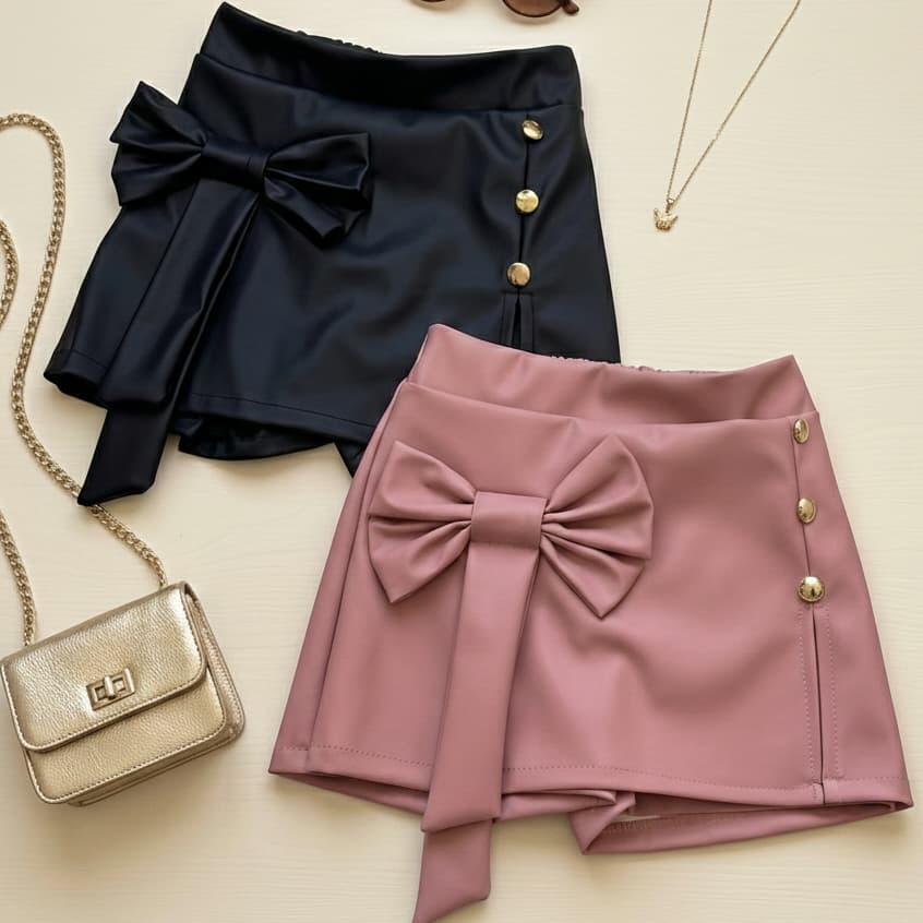 shorts saia em couro com laço e botões  moda blogueirinha menina