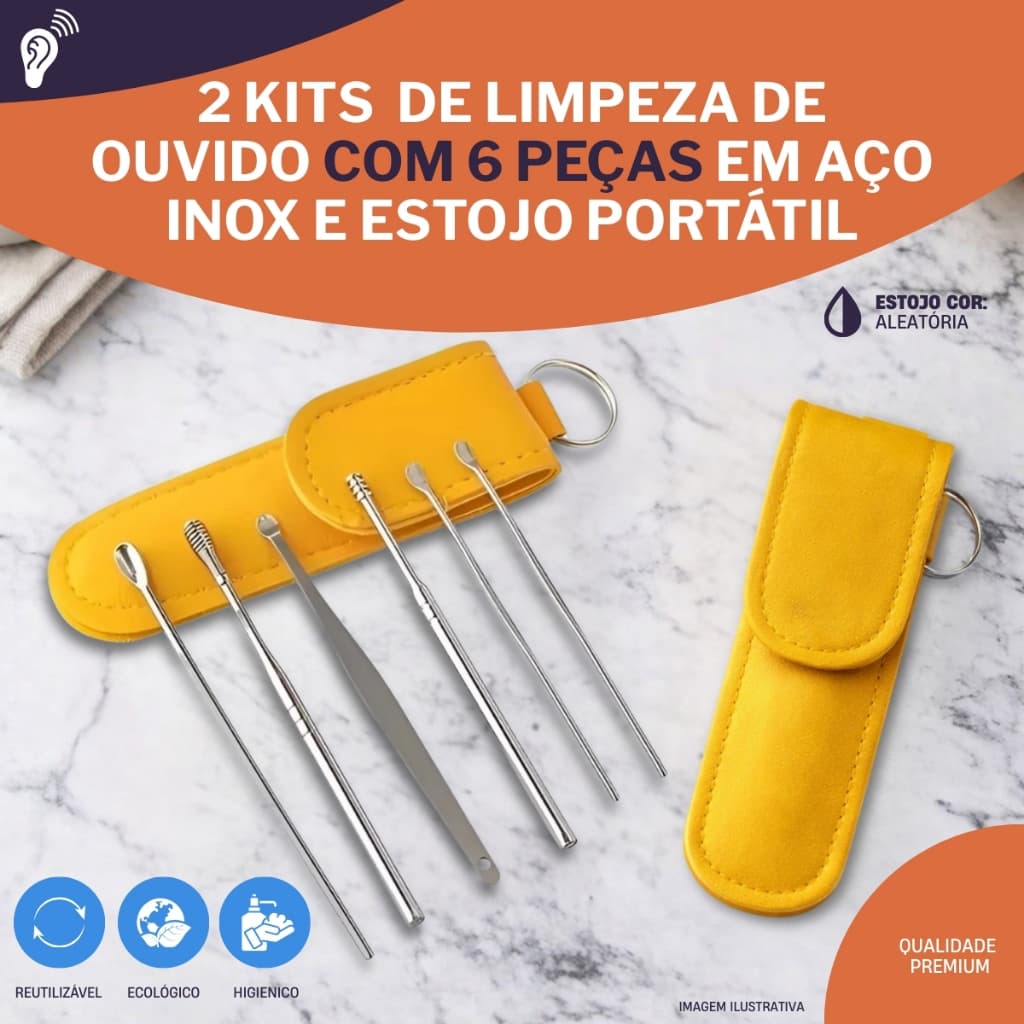 1Kit Ou 2kit Limpeza Cera de Ouvido 6 Peças Portátil Aço Inox com Estojo