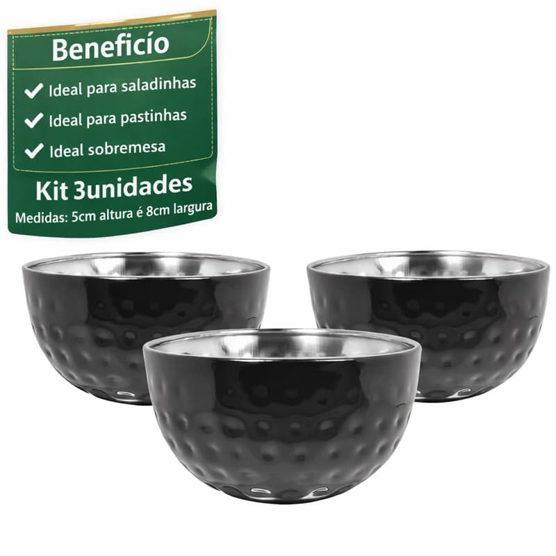 Kit com 3 Mini Bowls Cumbucas Tigelas Martelados Preto 170ml Para Sobremesas e Tira Gostos