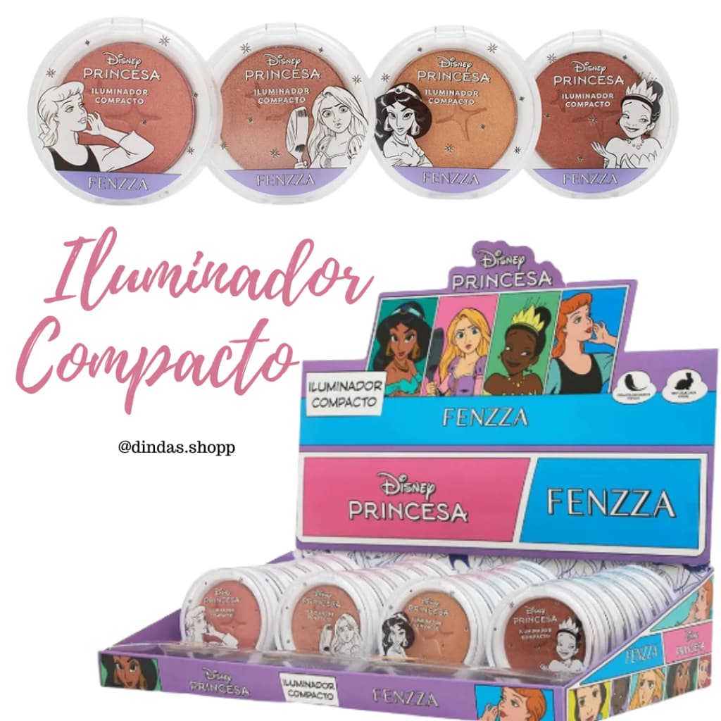 Iluminador Compacto Princesas Disney & Fenzza – Rapunzel, Cinderela, Tiana, Jasmine e Moana
