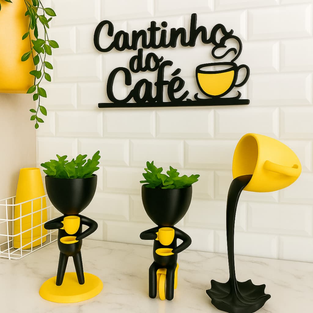 Kit cantinho do café , decoração minimalista e elegante , com 2 bobs , placa e plantinha inclusa