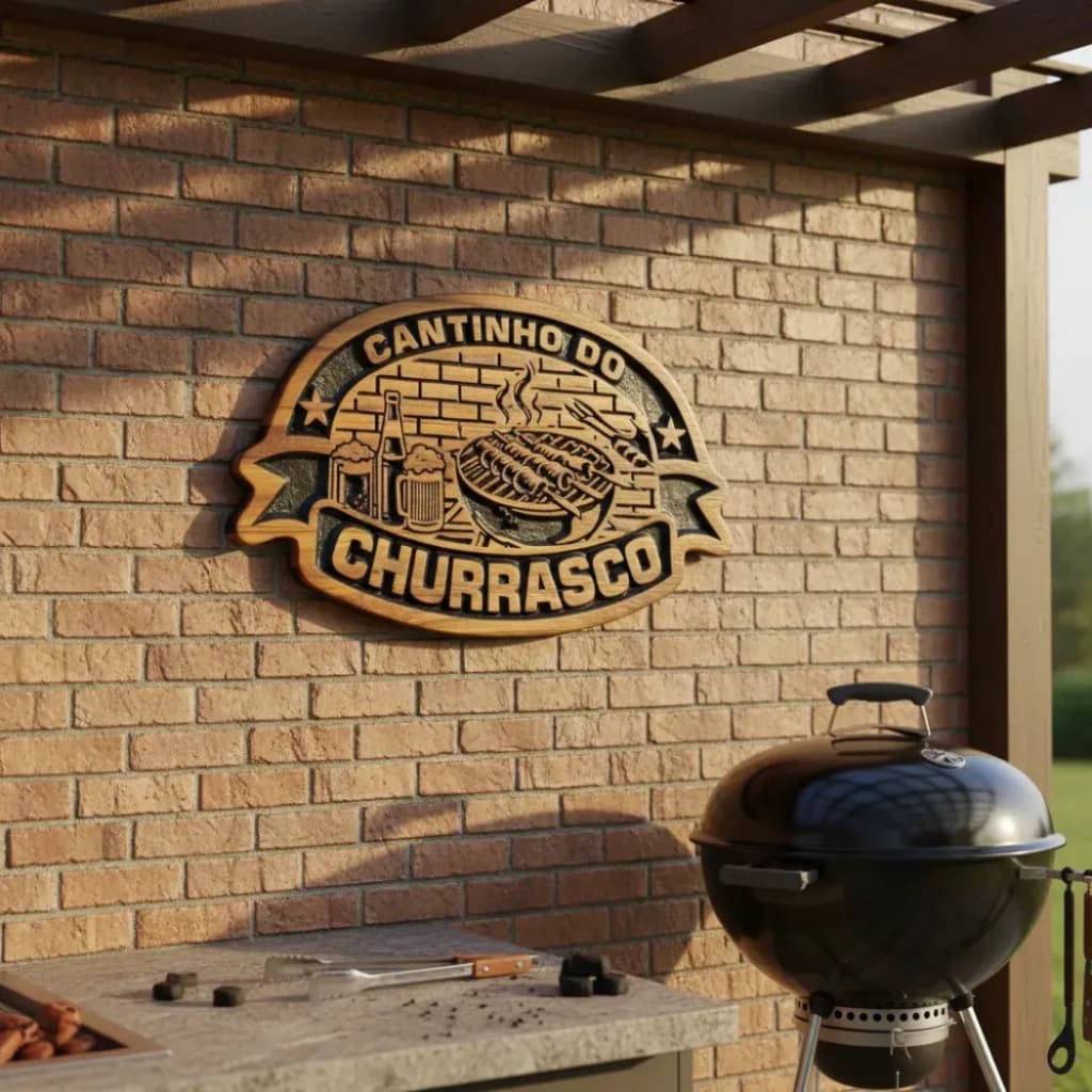 Placa Decorativa Presente Cantinho do Churrasco Família Amigos Pai Madeira Teca Premium 50x30cm