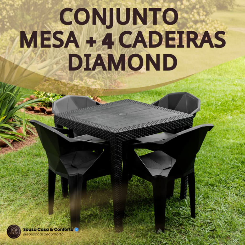 Conjunto Mesa com 4 Cadeiras Poltrona Reforçada Diamond Jantar Área Jardim Salão Casa Lazer Piscina
