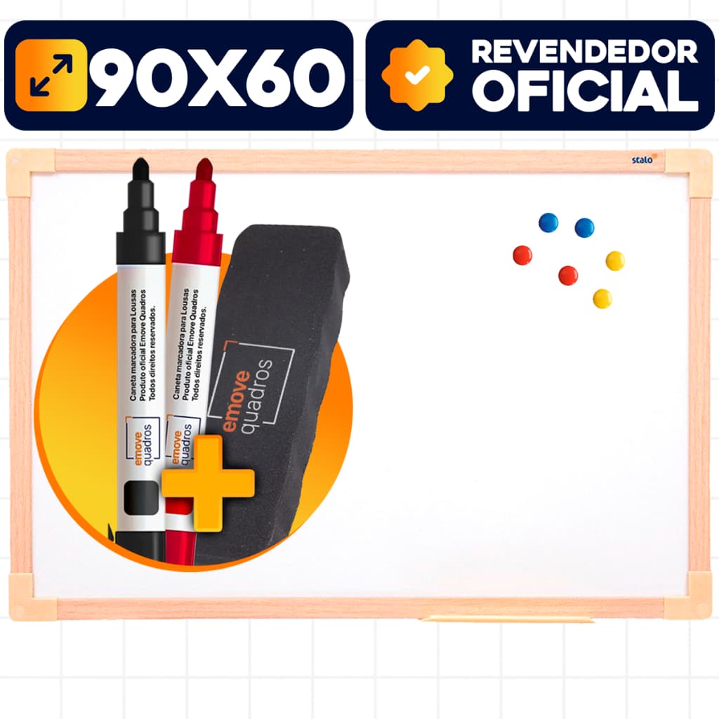 Lousa Quadro Branco Magnético 90x60 Madeira + 2 Canetas Apag