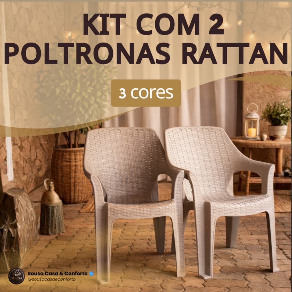 Kit 2 Poltrona Rattan Cadeira Reforçada Empilhável Escritório Varanda Piscina Sala Jardim Lazer Casa