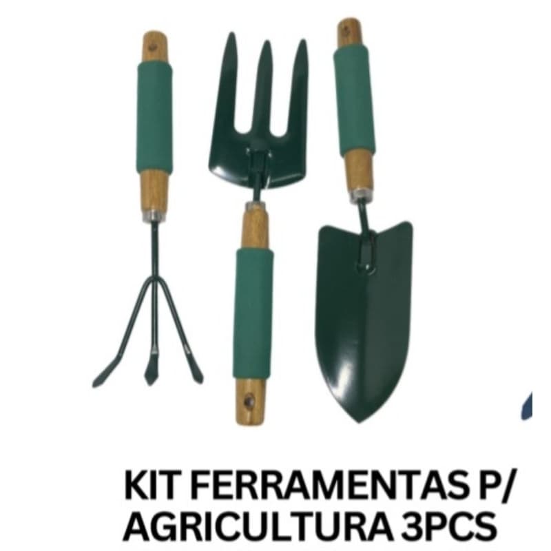 Kit Ferramentas para Jardinagem 3 Peças – Pá + Rastelo + Garfinho Manual