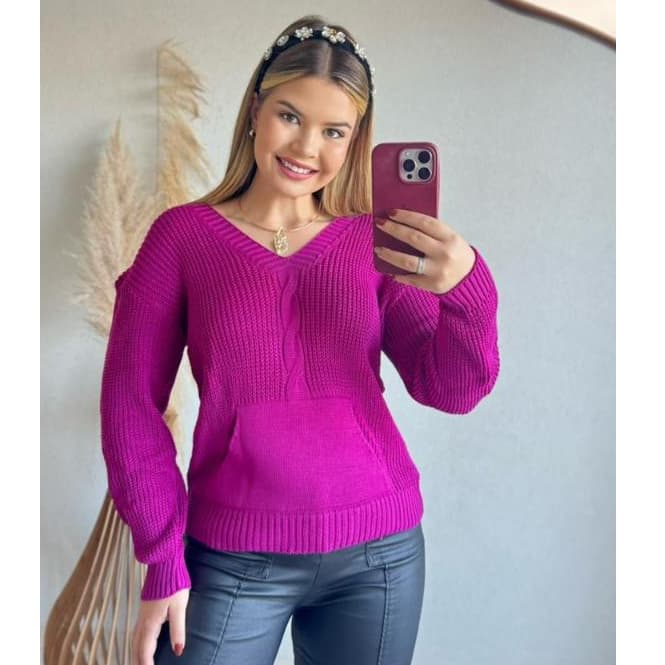 Suéter Blusa trança com bolso em tricot manga comprida VANESSA inverno tricô moda feminina blogueira