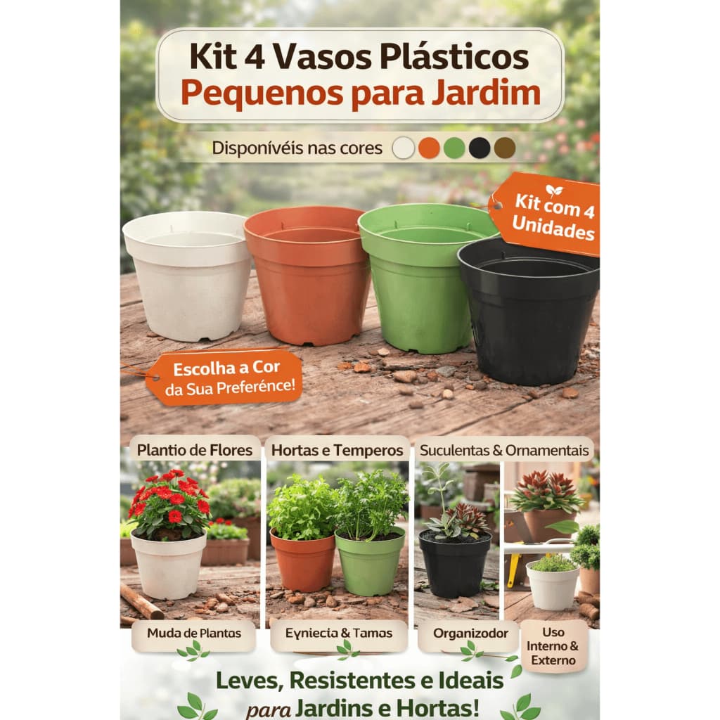 Kit 4 Vasos Plásticos para Plantas – Ideal para Pequenas Plantas, Suculentas, Mudas, Flores e Hortas