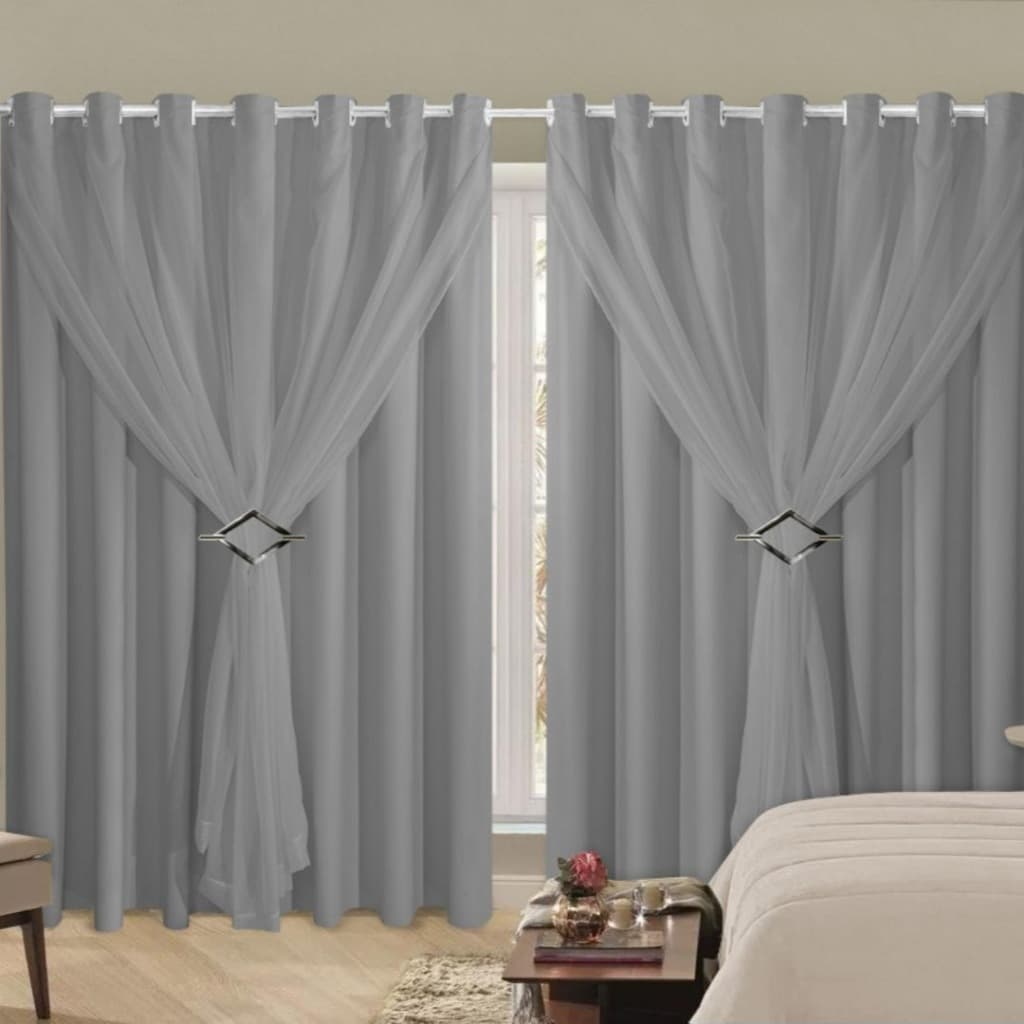 Cortina Corta Luz 4,00m X 2,60m 100% Blackout Com Voil Cinza