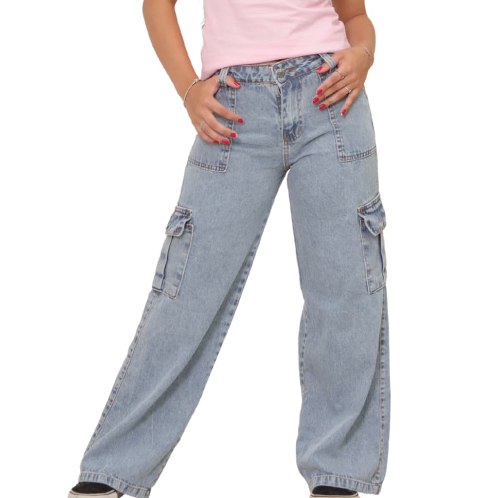 Calça Cargo Jeans Marmorizada Menina Juvenil 10 ao 16 anos com bolsos laterais premium