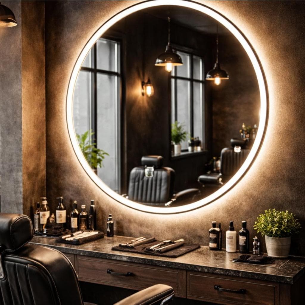 Espelho Redondo Grande Jateado com Luz de Led 3 tons Quente Frio Neutro para Barbearia