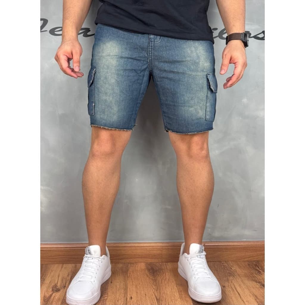 Bermuda Masculina Jeans Cargo 100% Algodão Lavagem Marrom Sujinho