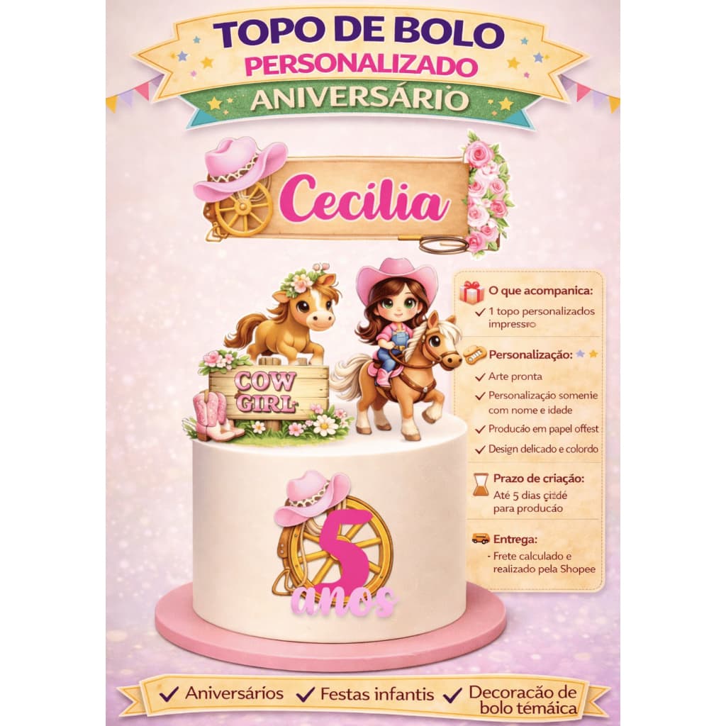 Topo de Bolo Cowgirl | Topo de bolo Boiadeira /Topo Infantil Personalizado | Personalizado com Nome e Idade
