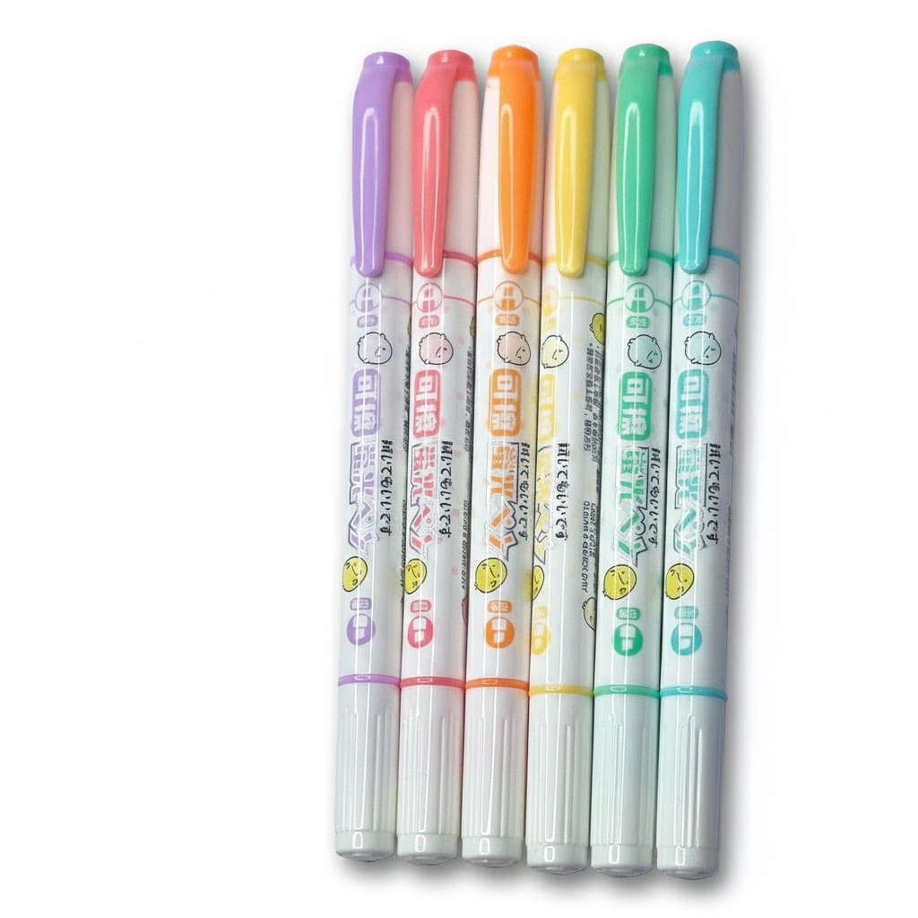 Marca Texto Apagável 6 Cores Ponta Dupla | Caneta Marca Texto que Apaga | Highlighter Pastel Escolar