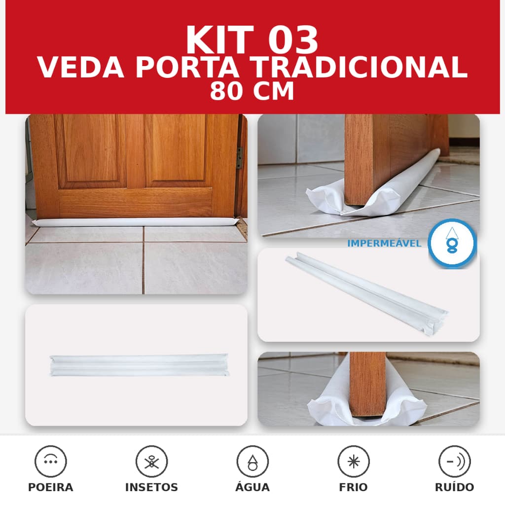 Kit 3 Veda Porta Tradicional 80cm  – Branco| Protetor de porta - Contra Poeira, Insetos e Vento - Bemprat