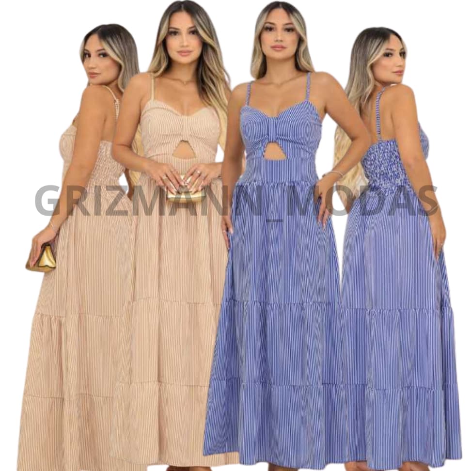 Vestido Feminino Longo Com Alças Reguláveis e Elaxtex Nas Costas