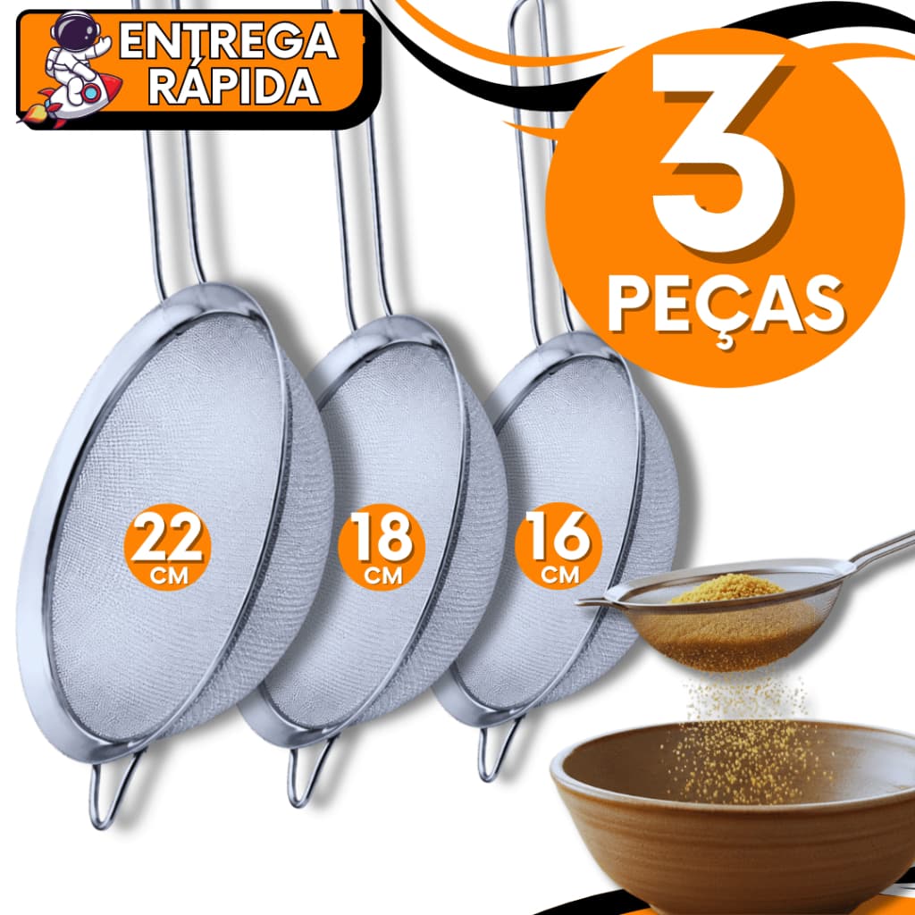 KIT 3 Peneira Coador 100% Aço Inox 22cm 18cm 16cm Resistente para Cozinha Casa Restaurante Peneiras
