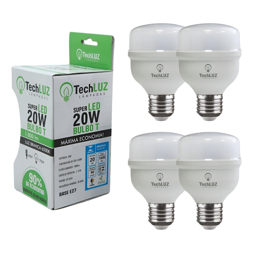 Kit 4 Lâmpadas Led Bulbo Alta Potência 20w E27 Branco Frio 127/220v Branco-frio