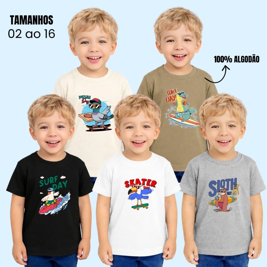 Camisa de manga curta infantil de menino malha 100% algodão - estampas variadas