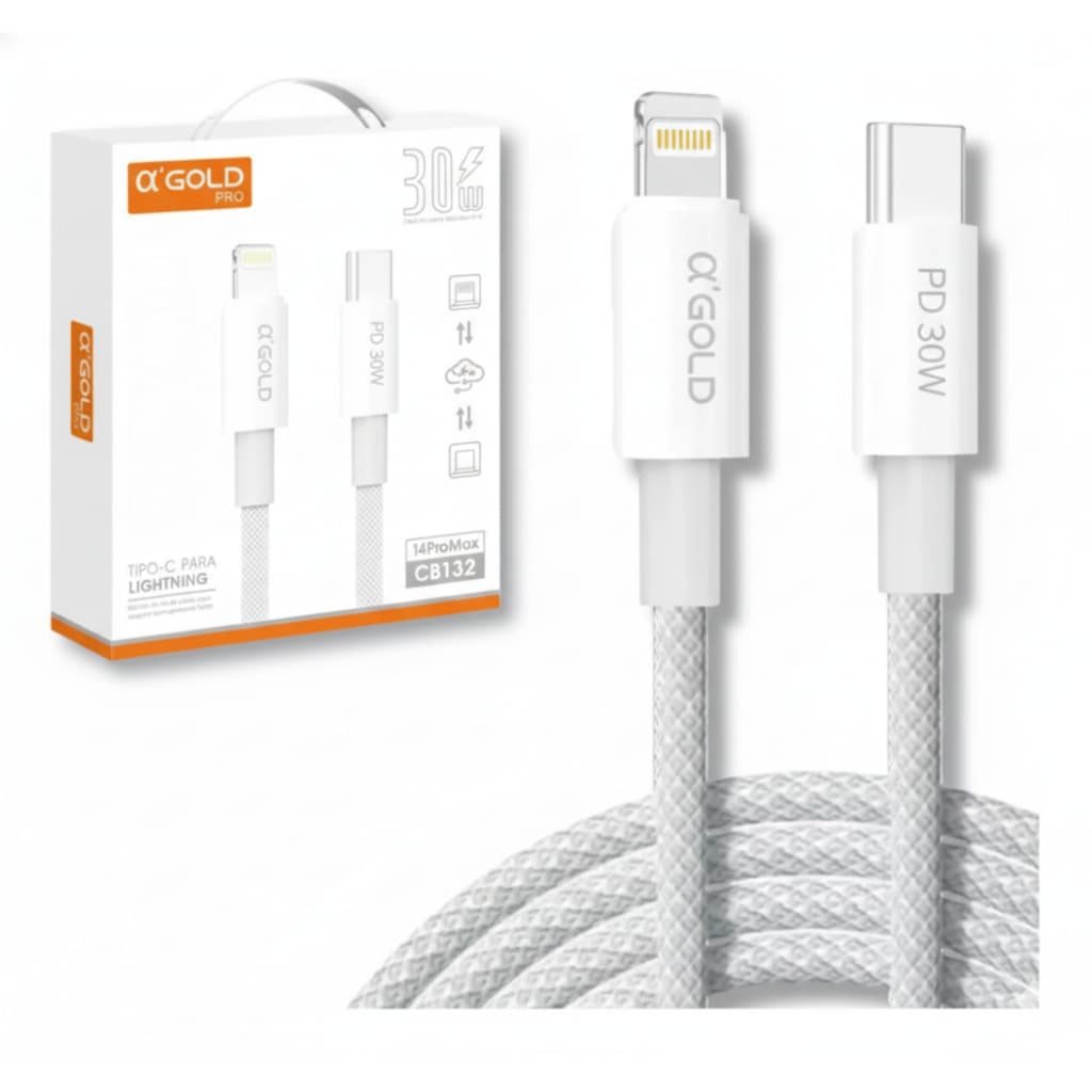 Cabo Carregador Tipo-C Lightning Premium A’Gold 30W PD – Carregamento Rápido para iPhone 1m e 2m